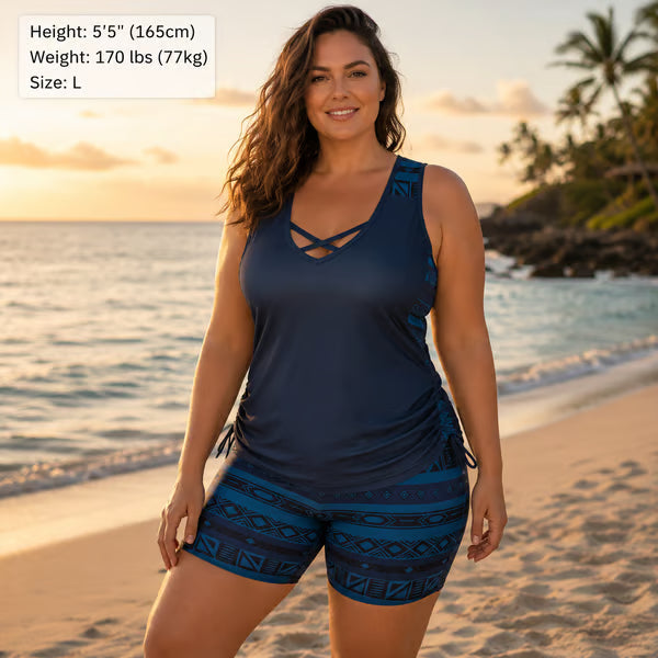 ⏰LAST DAY 60% OFF🌊Women's Tummy Control Tankini Set with Built-In Bra – Flattering Boho Swimwear with Shorts