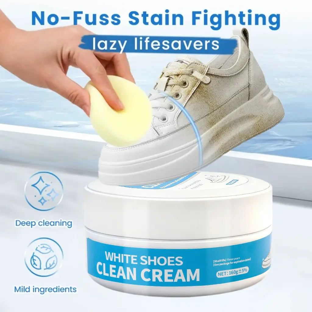 White Shoe Cleaner Cream Multipurpose No-Wash Solid Cleaner with Sponge Stain-Removing for Leather Silicone Car Interiors Sneaker Footwear Care