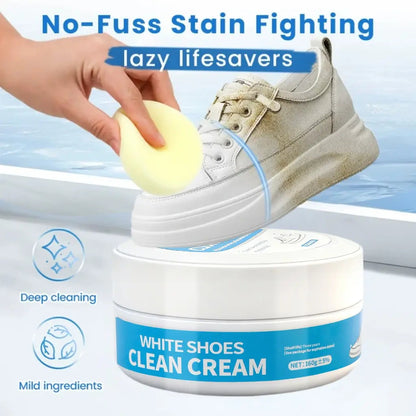 White Shoe Cleaner Cream Multipurpose No-Wash Solid Cleaner with Sponge Stain-Removing for Leather Silicone Car Interiors Sneaker Footwear Care