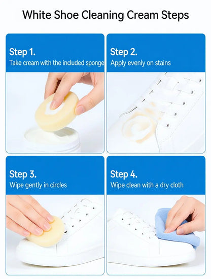 White Shoe Cleaner Cream Multipurpose No-Wash Solid Cleaner with Sponge Stain-Removing for Leather Silicone Car Interiors Sneaker Footwear Care